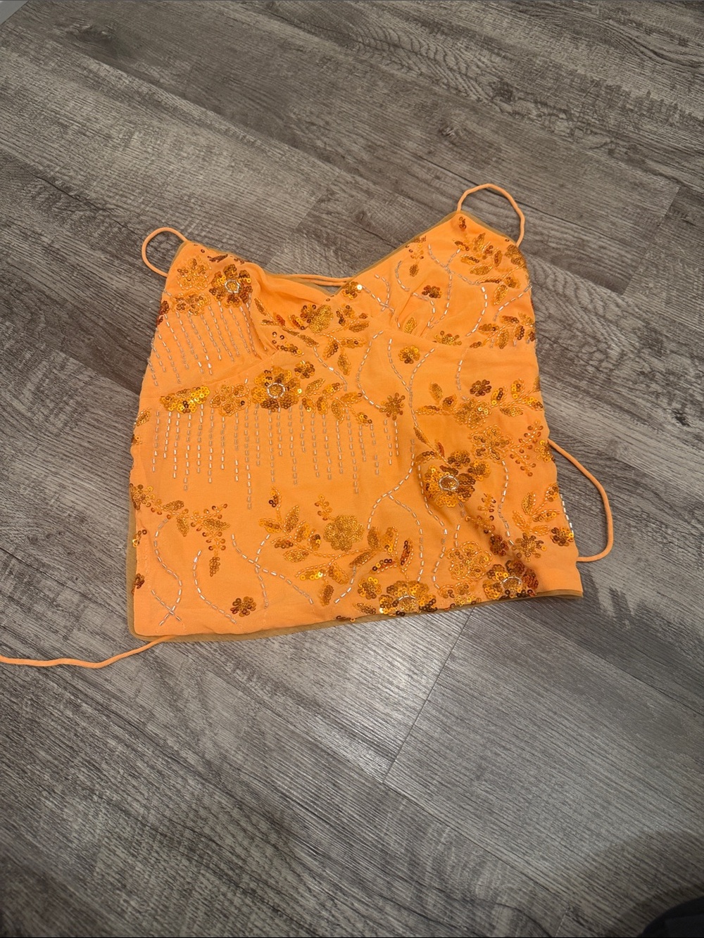 Embellished Orange Beaded Spaghetti Strap Top Open Back